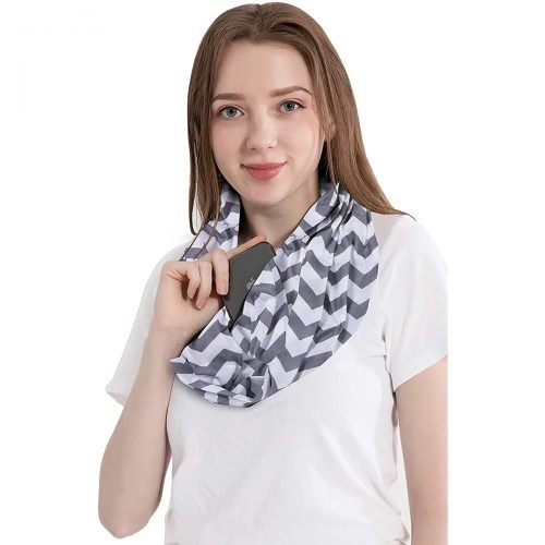 Elzama Jersey Infinity Scarf with Hidden Zipper Pocket, White Gray Zigzag - Image 4