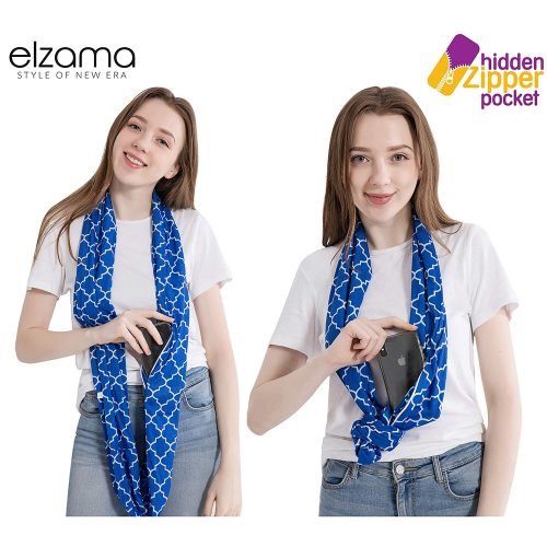 Elzama Jersey Infinity Scarf with Hidden Zipper Pocket, Royal Blue Clover - Image 5