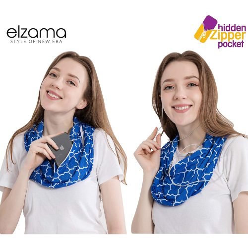 Elzama Jersey Infinity Scarf with Hidden Zipper Pocket, Royal Blue Clover - Image 4