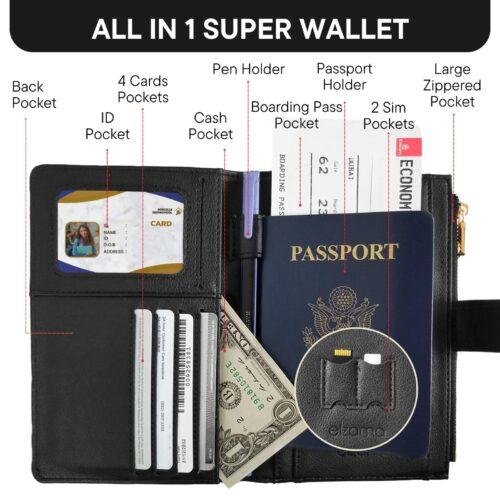 ELZAMA Passport Holder Women with RFID, Card Pen Sim Holder & Zipper Pocket, Black - Image 2